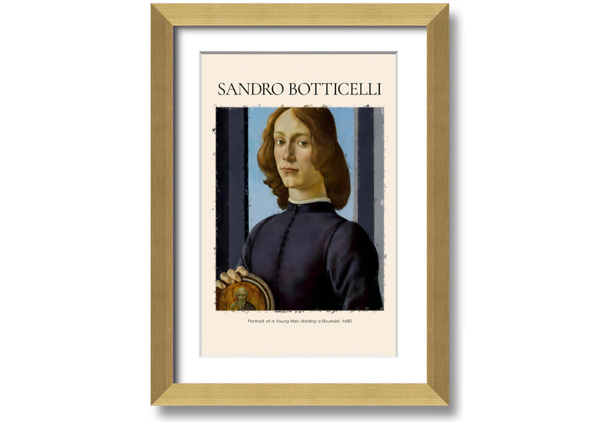 A detailed reproduction of Botticelli's Portrait Of A Young Man Holding A Roundel, showcasing vibrant colors and intricate details.